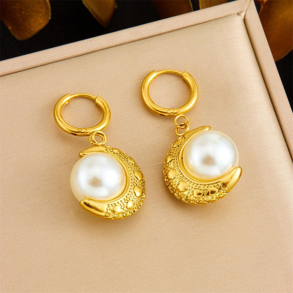 Vintage Gold Plated Moon Pearl Stainless Steel Earrings