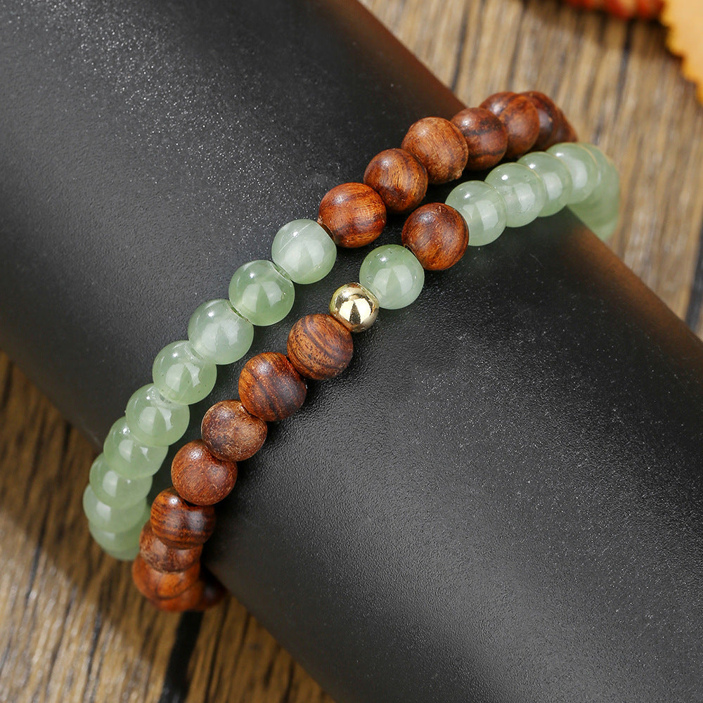 New Chinese Style Ethnic Double Layer Wood and Imitation Jade Beaded Bracelet for Women