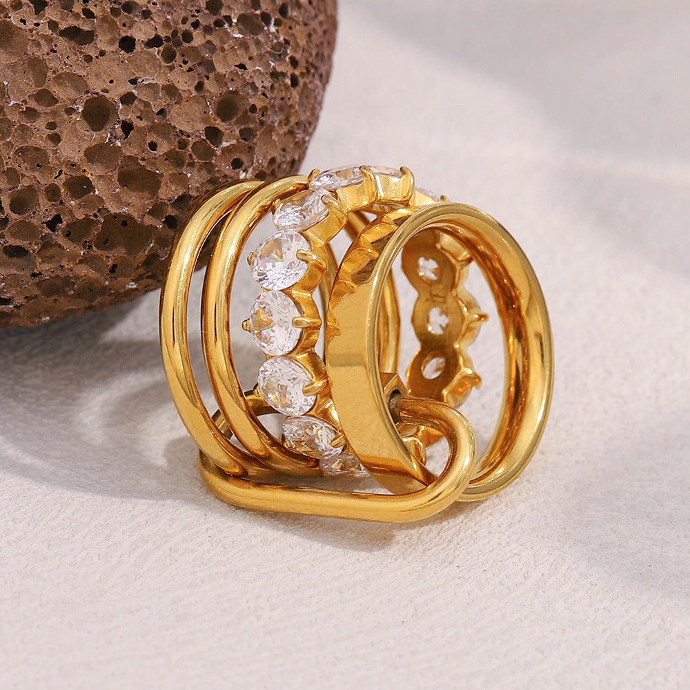 Fashionable Geometric Stainless Steel Ring with 18K Gold Plating and Multi-Layer Zirconia for Women