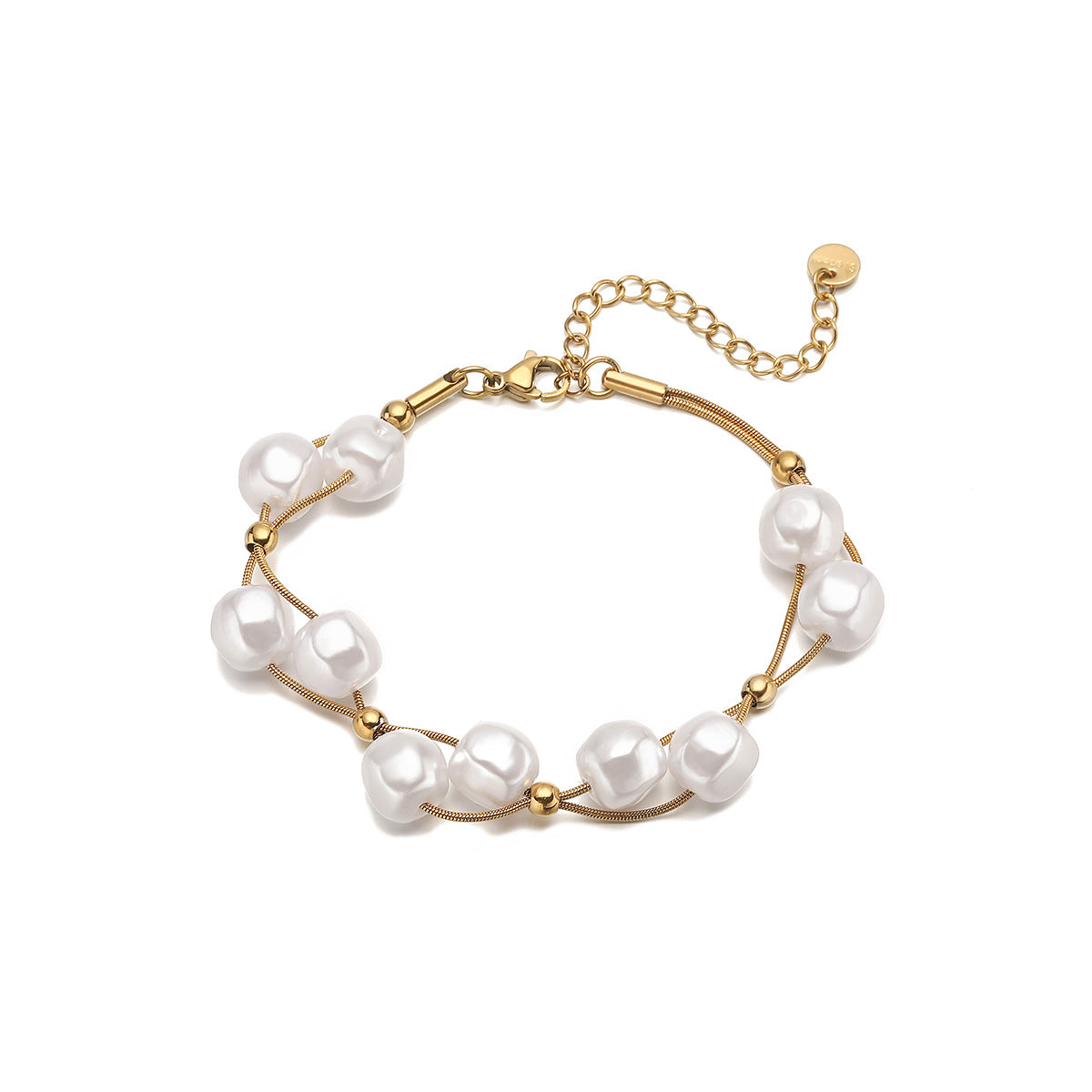 Bracciale da donna a doppio strato in acciaio inossidabile con perle irregolari geometriche minimaliste e finitura placcata