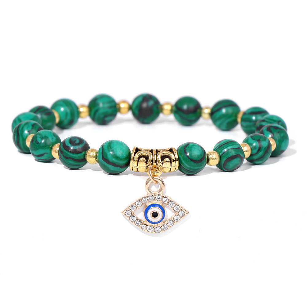 Vintage Minimalist Geometric Agate Beaded Bracelet with Evil Eye Pendant Unisex Jewelry