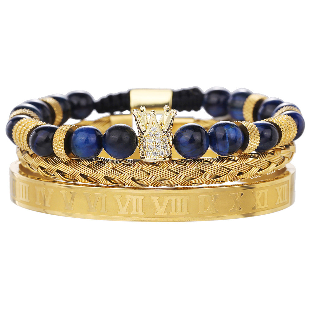 Punk Hip-hop Geometric Crown Drip Oil Titanium Steel Brass Plated Cubic Zirconia Agate Bracelet Set for Men