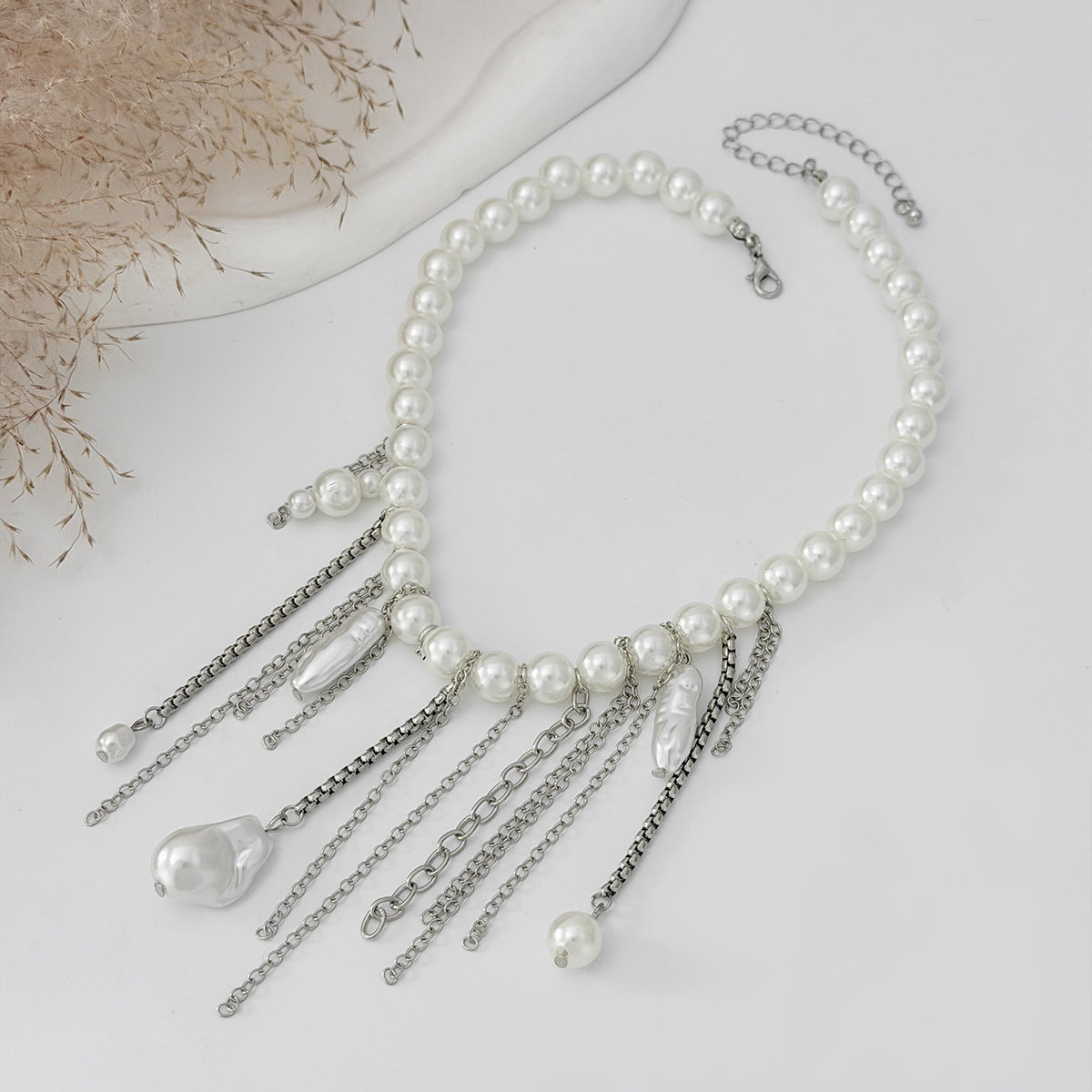 Sweet Geometric Baroque Pearl Tassel Pendant Necklace Multi-layer Ball Chain for Women