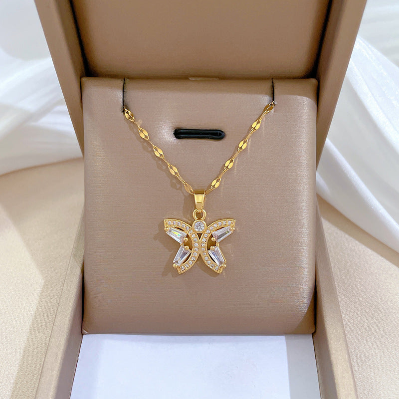 Luxury Titanium Steel Butterfly Pendant Necklace and Earrings Set with Hollow-Out Design for Women Formal Events
