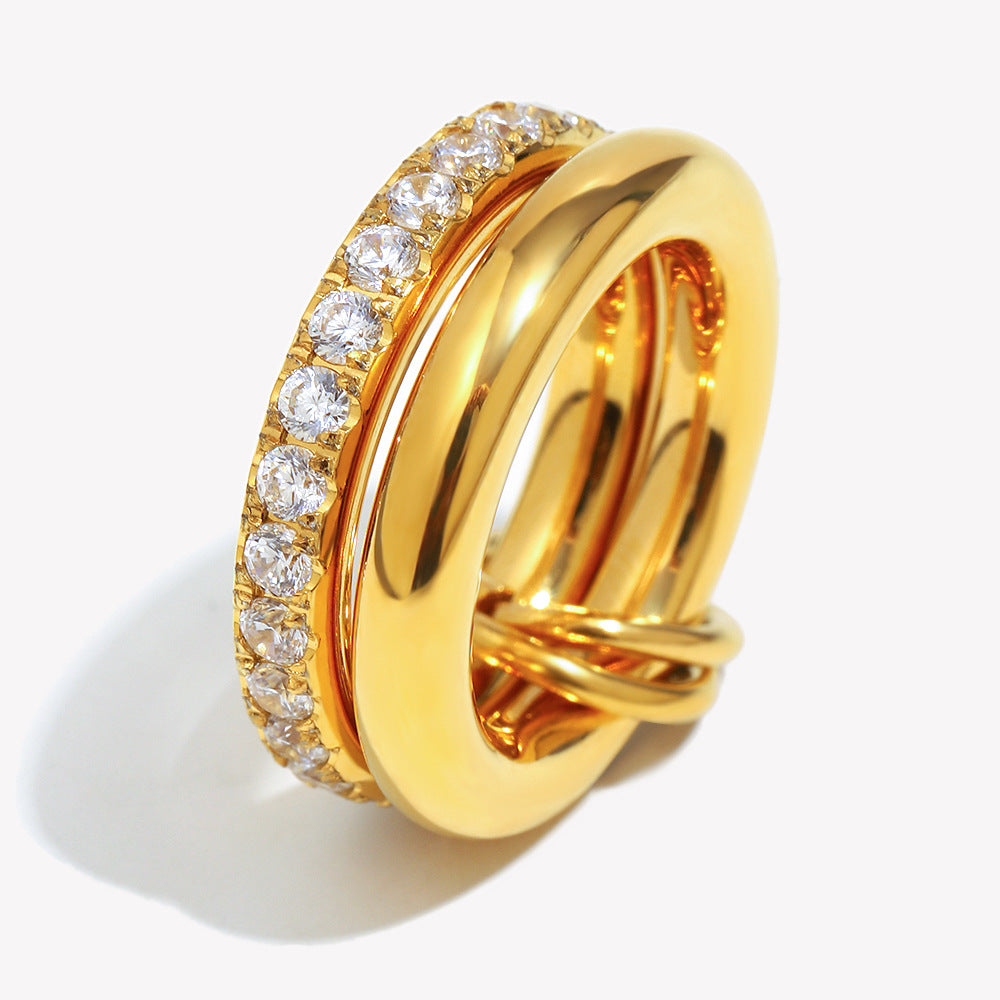 Minimalist Geometric Stainless Steel Ring with 18K Gold Plating and Double-Layer Zircon Inlay for Women