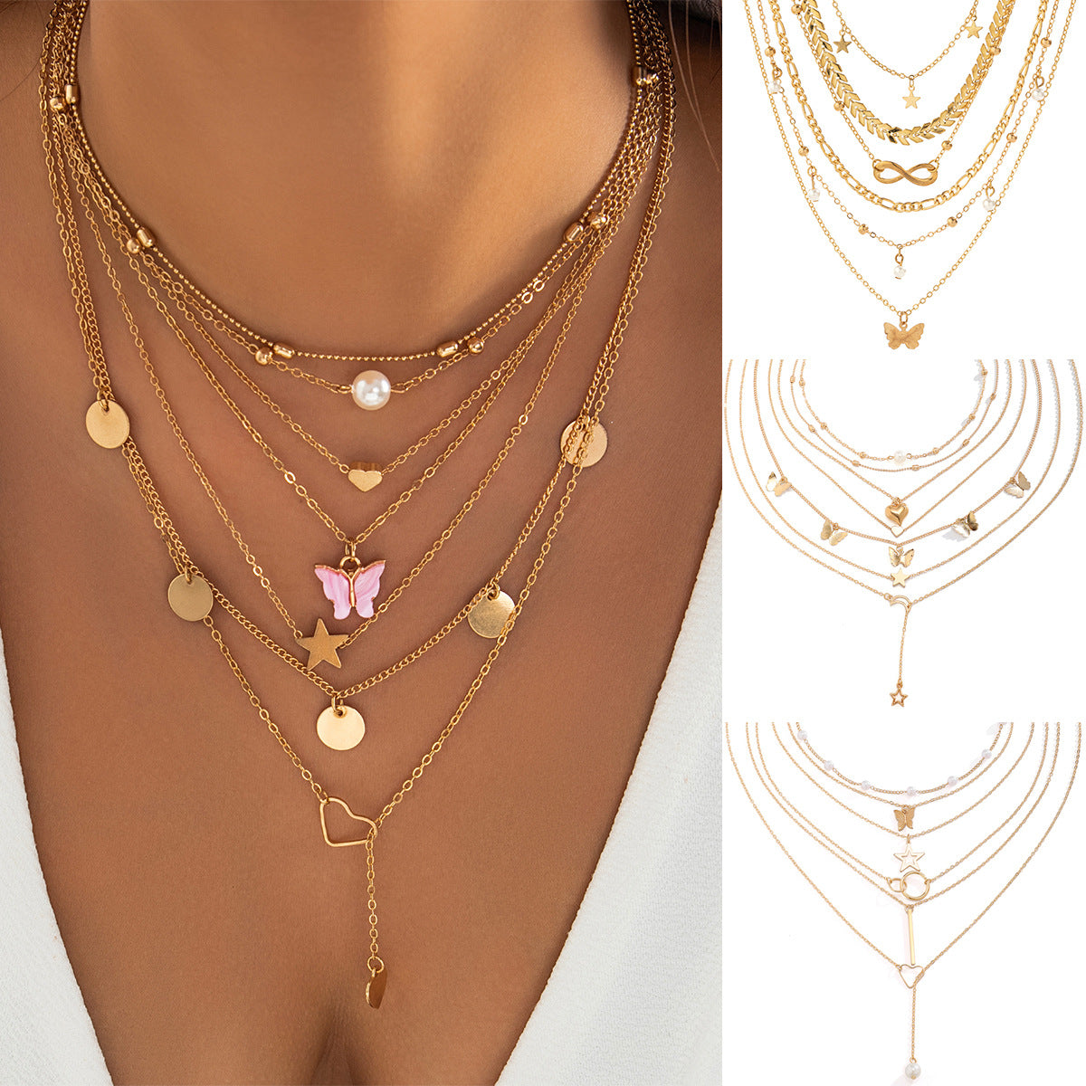 Boho Butterfly Pendant Necklace Set with Heart Star Geometric Charms Alloy Chain Tassel Detail