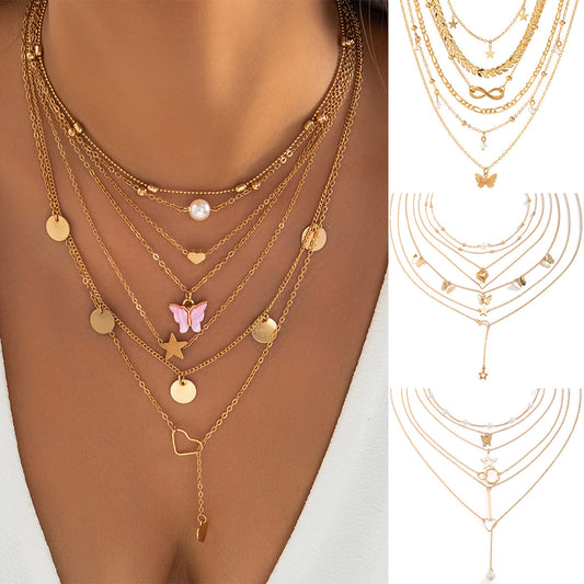 Boho Butterfly Pendant Necklace Set with Heart Star Geometric Charms Alloy Chain Tassel Detail