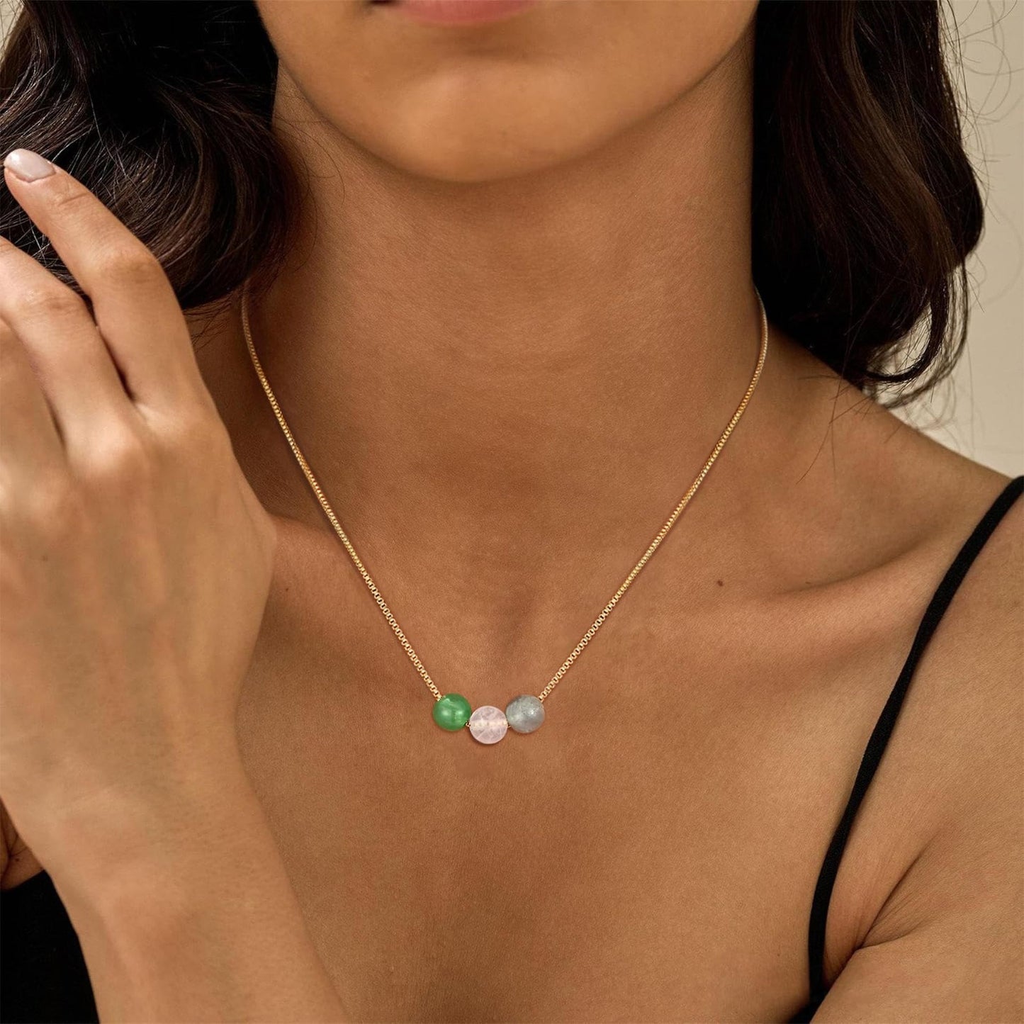 Casual Geometric Natural Stone Beaded Necklace Stainless Steel Adjustable Choker for Unisex