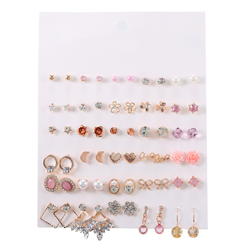 Sweet Geometric Heart Bow Floral Rhinestone Pearl Inlay Stainless Steel Earrings Set