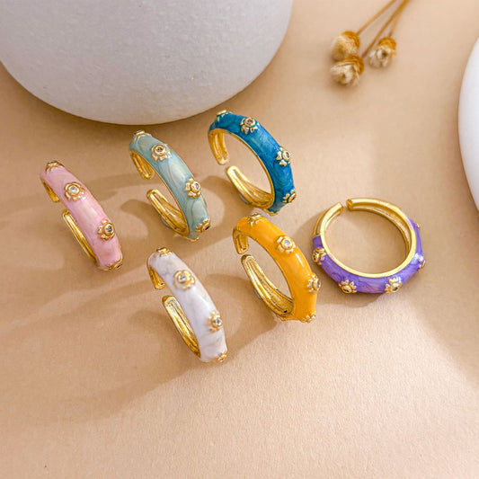 Anello aperto in ottone placcato oro con smalto floreale vintage per donna