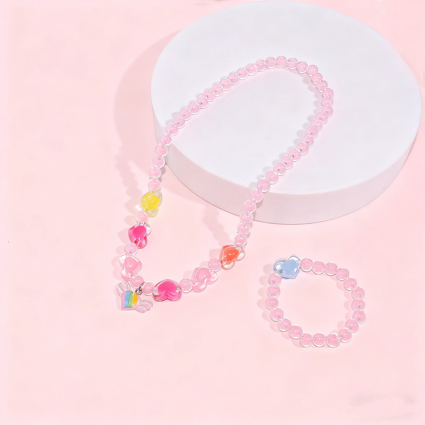 Cartoon Style Unicorn and Heart-Shaped Resin Beaded Necklace Set for Girls with Round Bead Chain