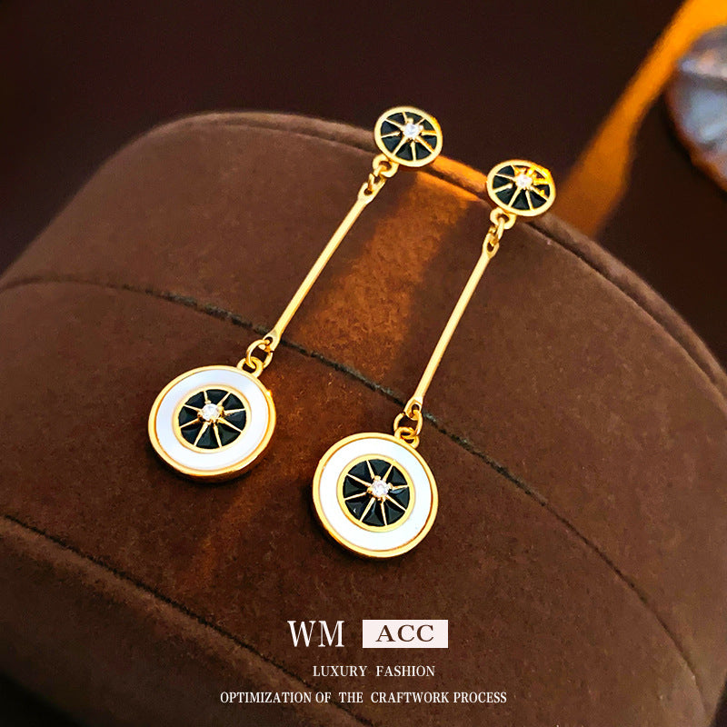 Vintage-Style Geometric Mother-of-Pearl and Zircon Round Earrings with Gold-Plated Copper Base and Stainless Steel Posts