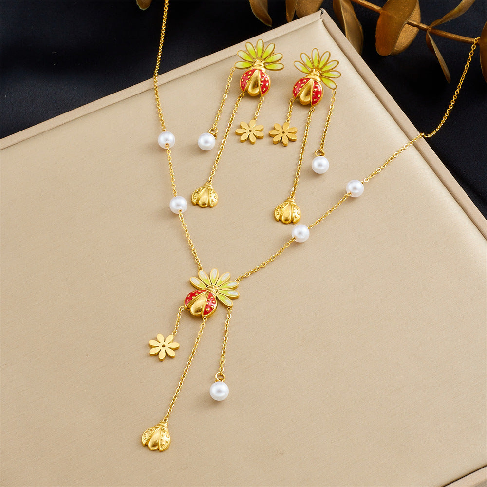 Cute Cartoon Ladybug Drip Oil Yellow White Gradient Pearl Tassel Necklace and Earring Set for Women