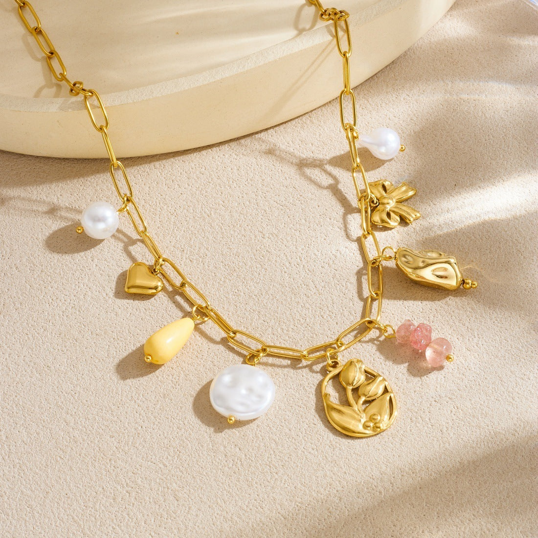 Sweet Gold Plated Stainless Steel Floral Bow Pendant Necklace with Curb Chain