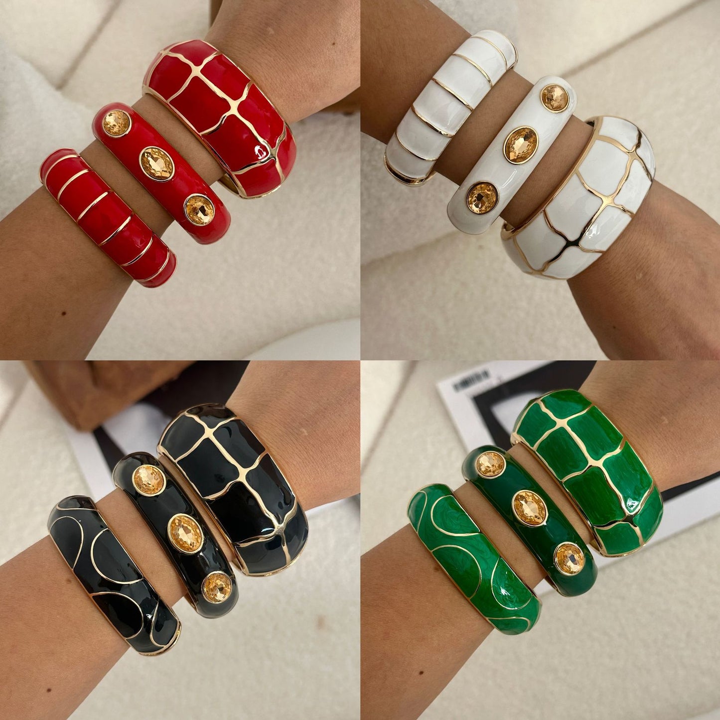 Rose Red Gradient Checkered Geometric Drip Oil Plated Alloy Open Cuff Bracelet