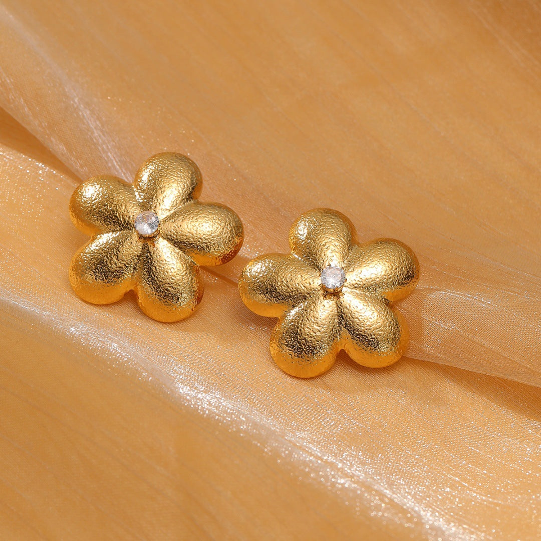 Vintage Floral-Shaped Titanium Steel Earrings and Ring Set for Women with Rhinestone Inlay and Plated Finish