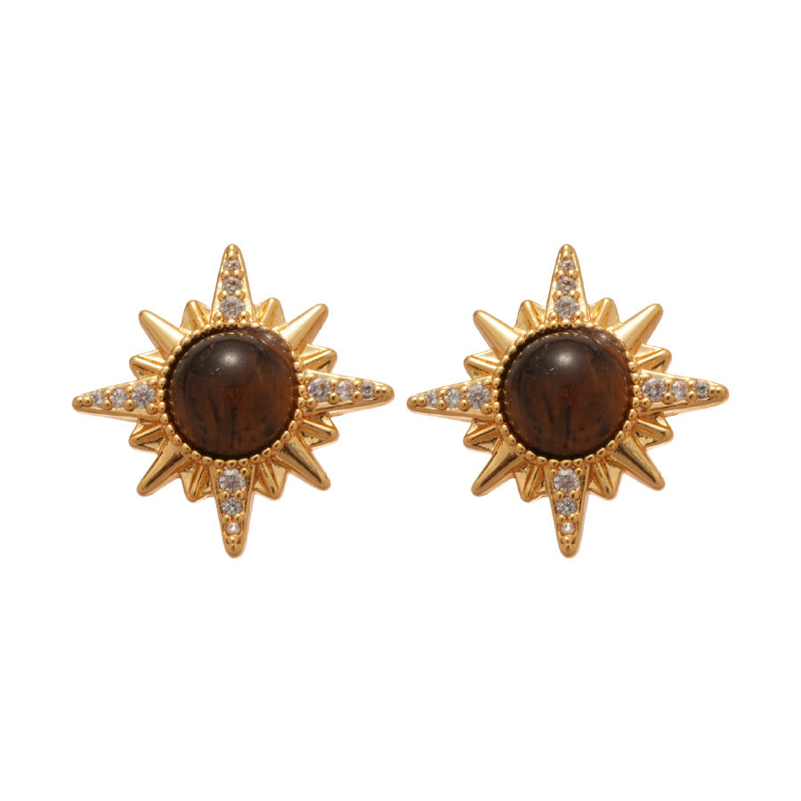 Orecchini a perno con occhio di tigre geometrico in stile vintage e perle con perni in argento sterling 925 placcato oro 18K