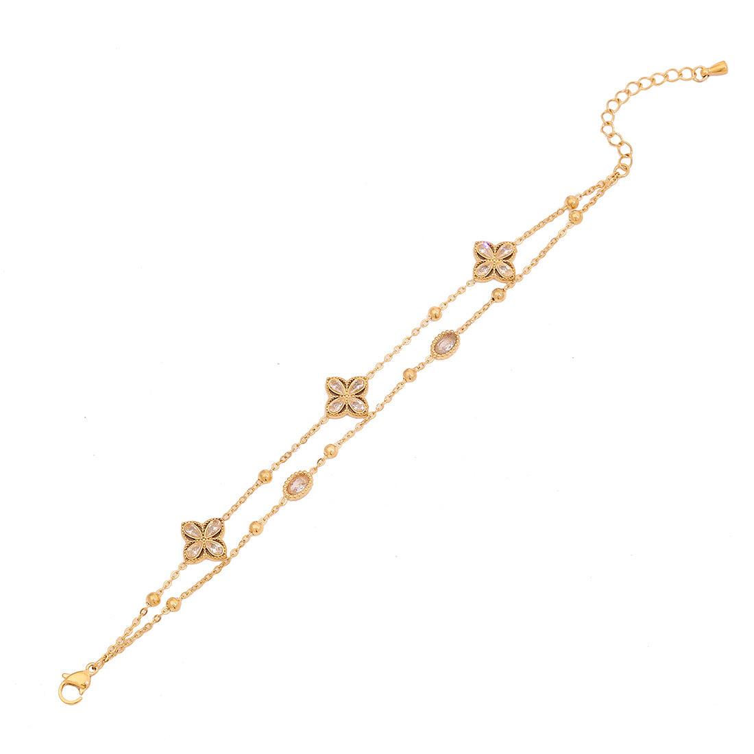 Natural Floral Pearl-Look Double-Layer Bracelet in Stainless Steel with Rhinestone Accents for Women