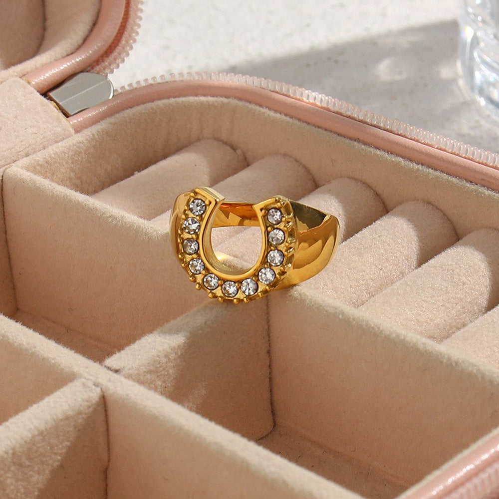 Anello da donna in acciaio inossidabile placcato oro 18K a forma di U con zircone, design geometrico e minimalista