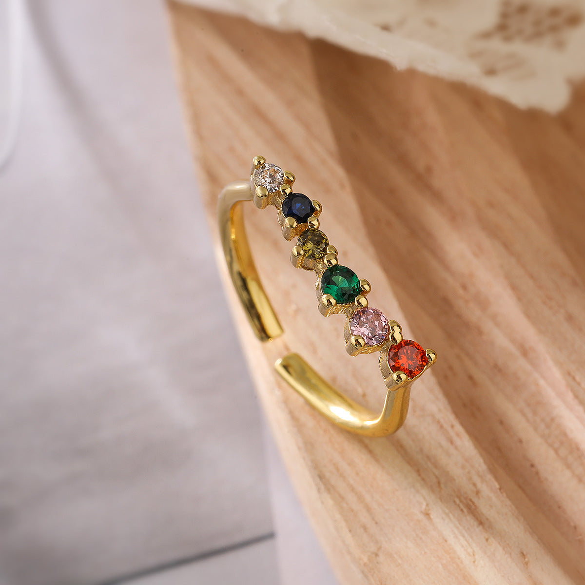 Minimalist Geometric Open Ring for Women in Brass with Real Gold Plating and Zircon Inlay