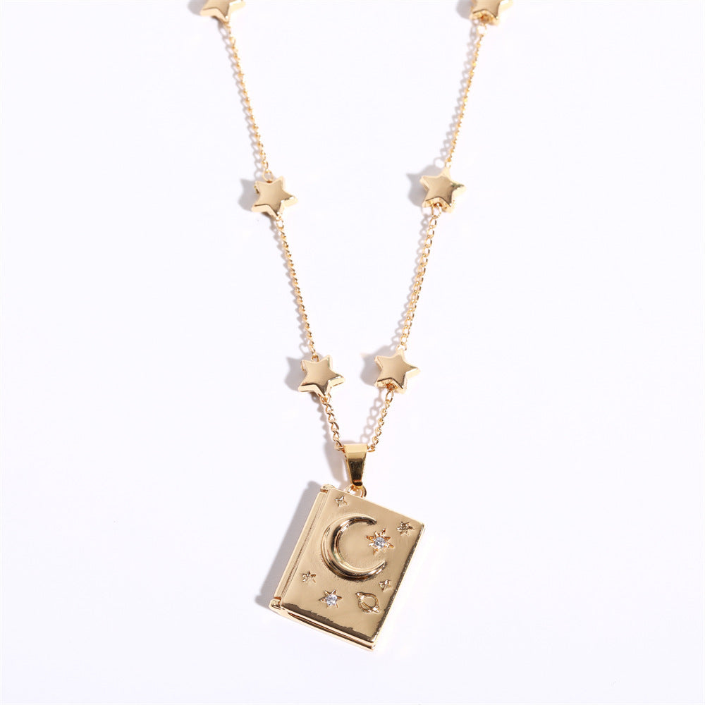 Light Luxury Geometric Star and Moon Pendant Necklace with Rhinestone Inlay on O-Chain for Women