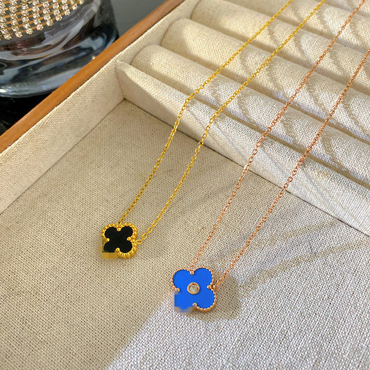 Blue Four-Leaf Clover Titanium Steel Necklace with 18K Gold Plated Double-Sided Black and White Pendant