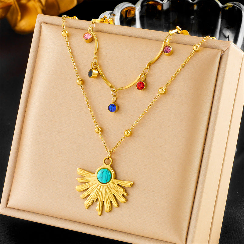 Vintage Bohemian Stainless Steel Heart Star Butterfly Square Pendant Necklace with Rhinestone and Turquoise Inlay