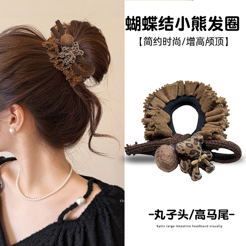 Elastico per capelli da donna in tessuto con bordo in velluto a forma di orsetto, stile lussuoso, elevata elasticità ed eleganza retrò