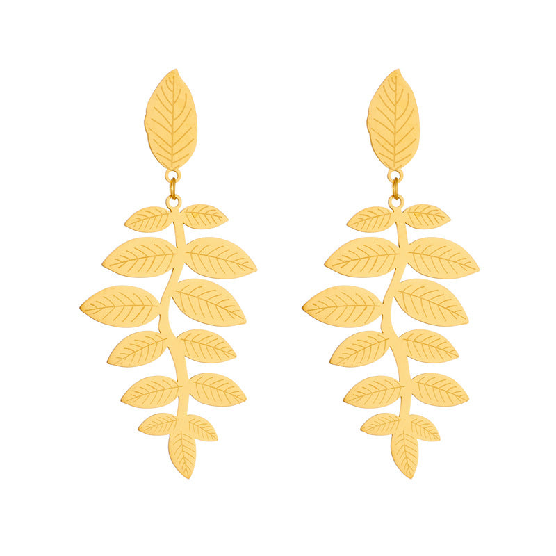 Vintage-Inspired Irregular Leaf-Shaped Titanium Steel Earrings with Gold Plating for Women