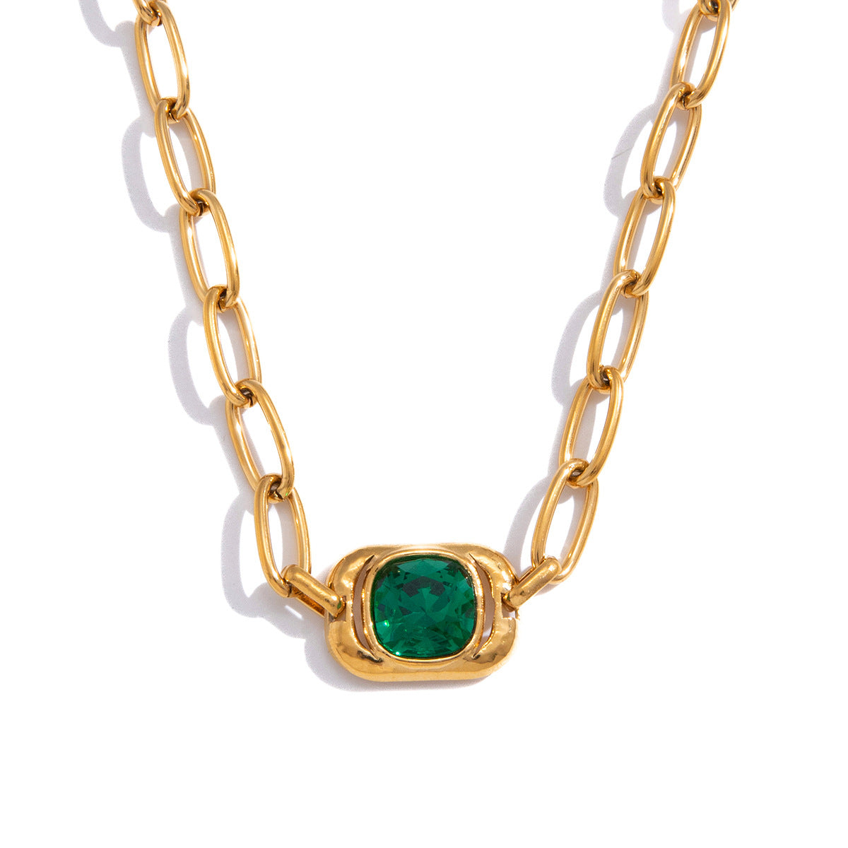 Minimalist Green Glass Geometric Square Stainless Steel PVD Plated Necklace for Women