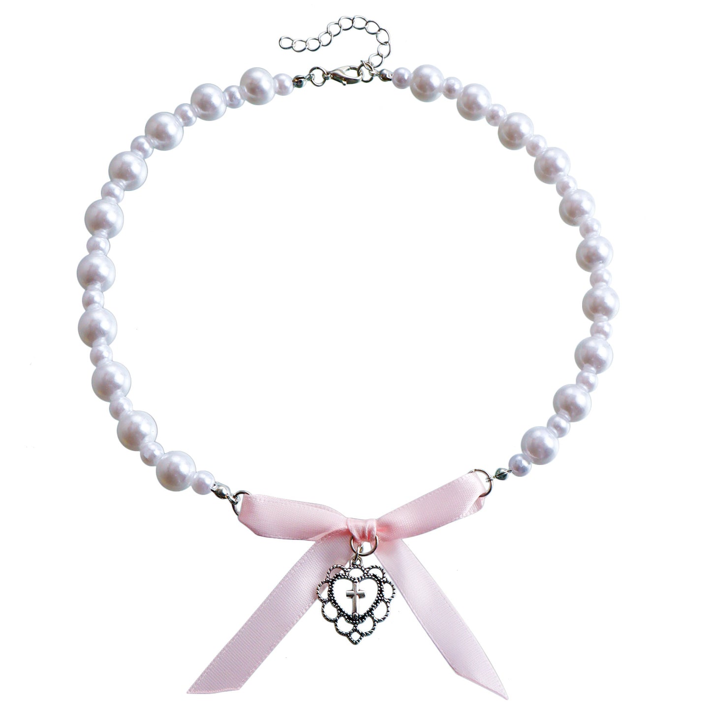Collana con pendente a cuore romantico e croce con perline acriliche e fiocco in nastro di raso, lega placcata oro, catena sottile, stile chic vintage