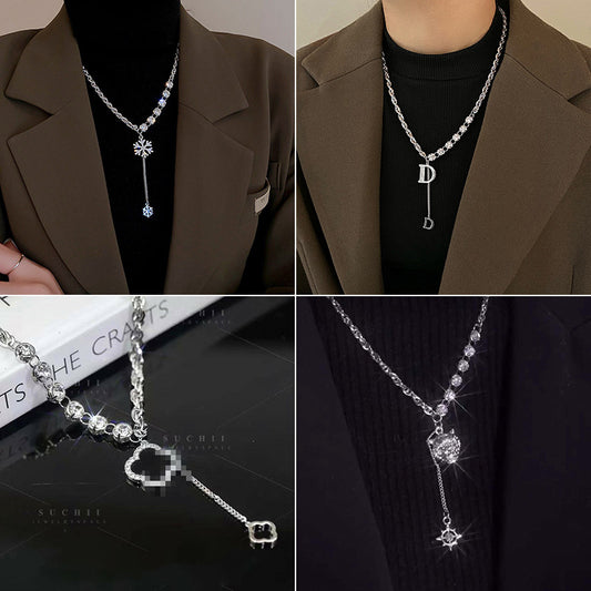 Collar minimalista geométrico en forma de D de aleación con incrustaciones de diamantes de imitación para mujer, delicada cadena para la clavícula para combinar con suéteres en otoño e invierno.