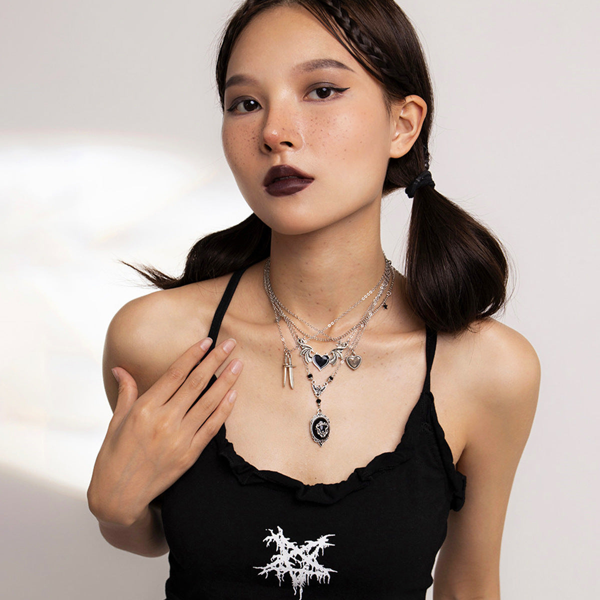 Punk Heart Wing Skull Alloy Pendant Plated Brass Necklace Curb Chain Women