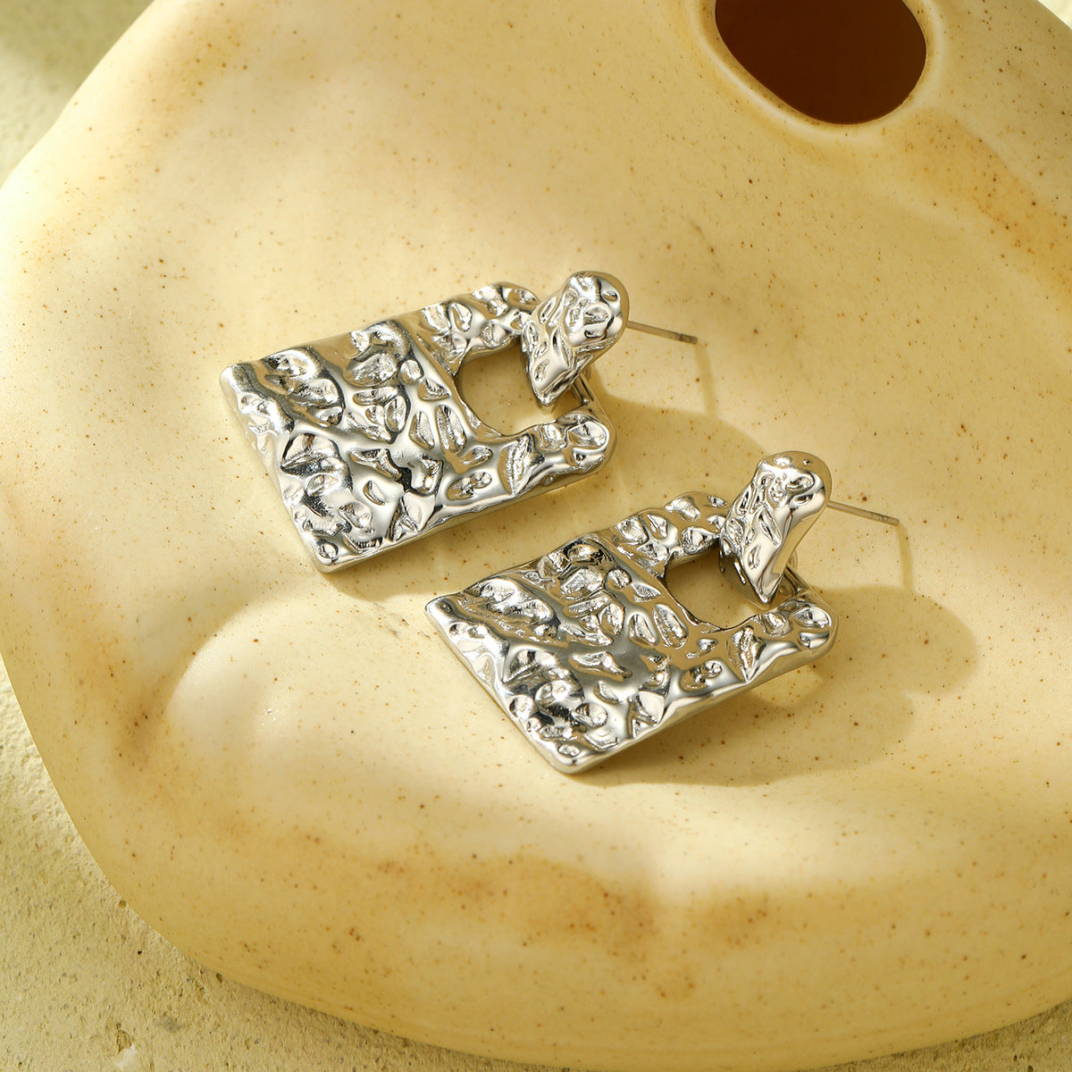 Vintage 18K Gold Plated Textured Square Stainless Steel Stud Earrings for Women