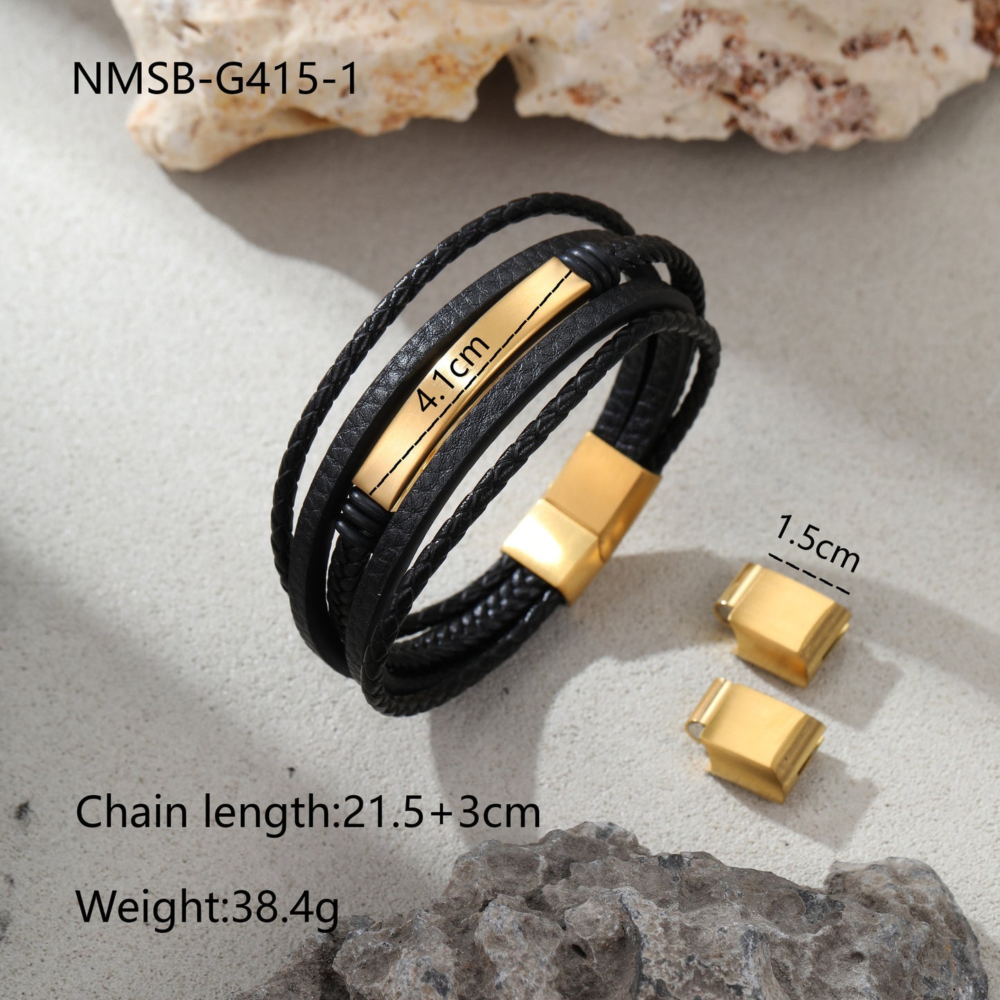 Fashion Business 18K Gold Plated Geometric Stainless Steel Leather Bracelet Charm Bar