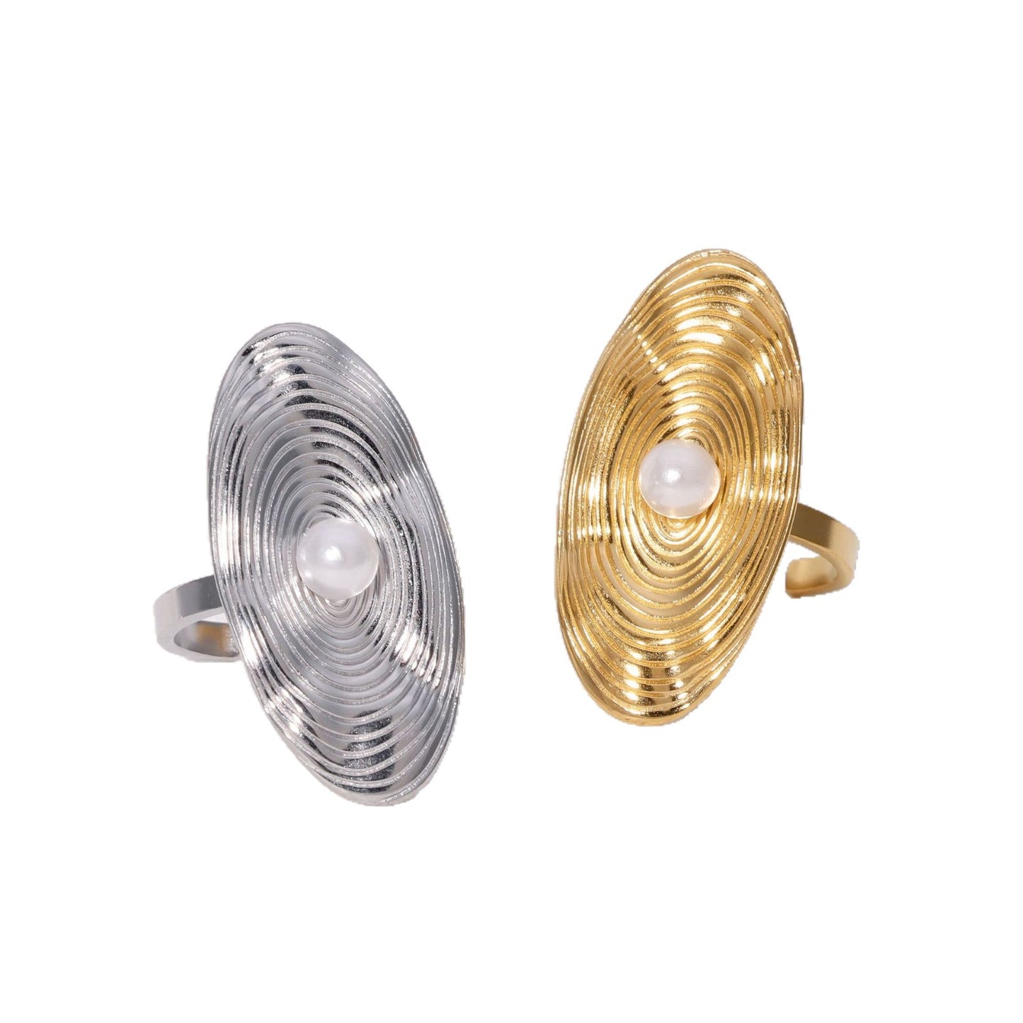 Anello Ovale Minimalista con Perla in Acciaio Inossidabile Placcato per Donna