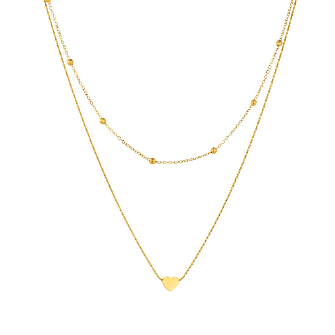 Minimalist Heart Gold Plated Stainless Steel Necklace with Beaded Double Layer Snake Chain for Women