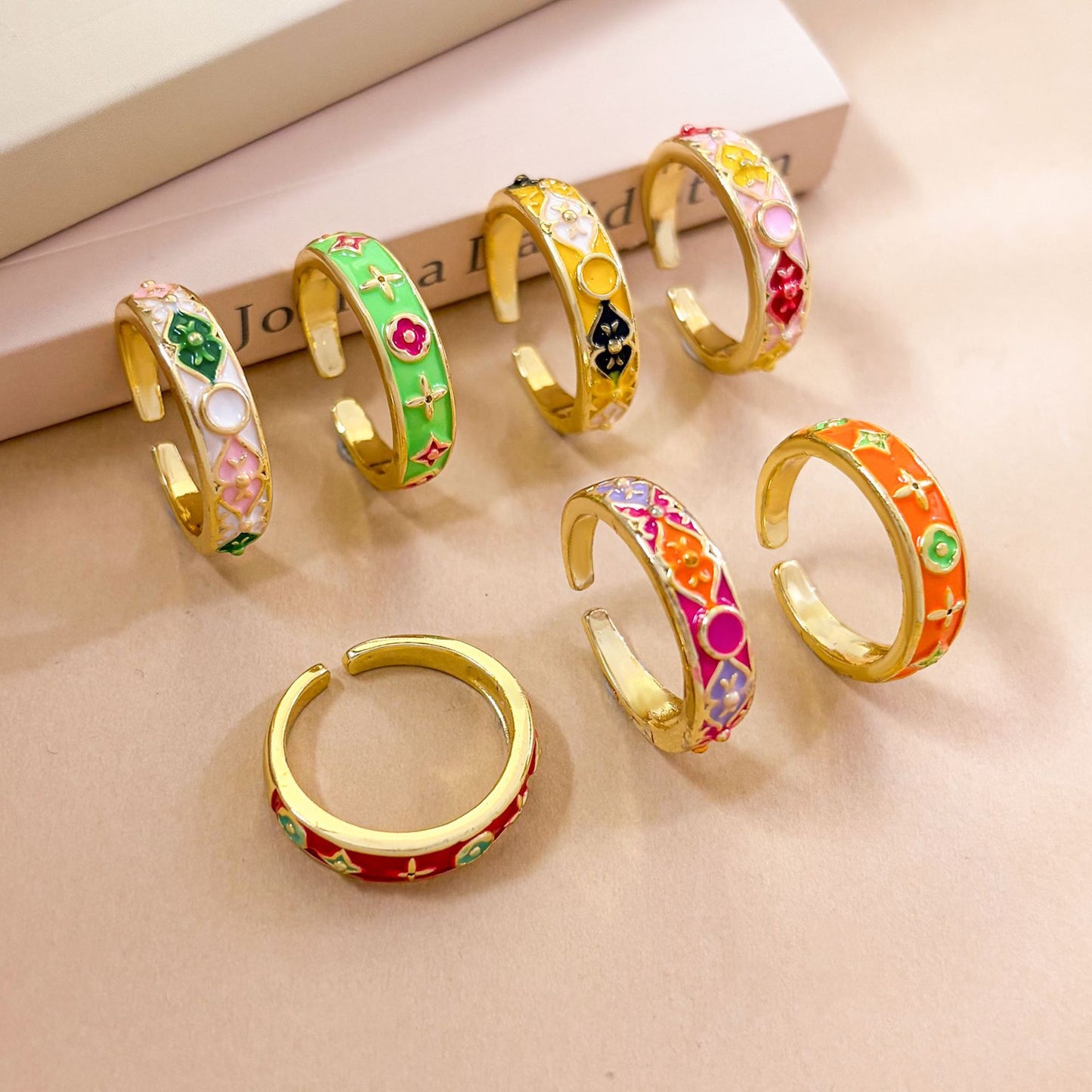 Vintage Sweet Gold Plated Brass Enamel Geometric Open Ring for Women
