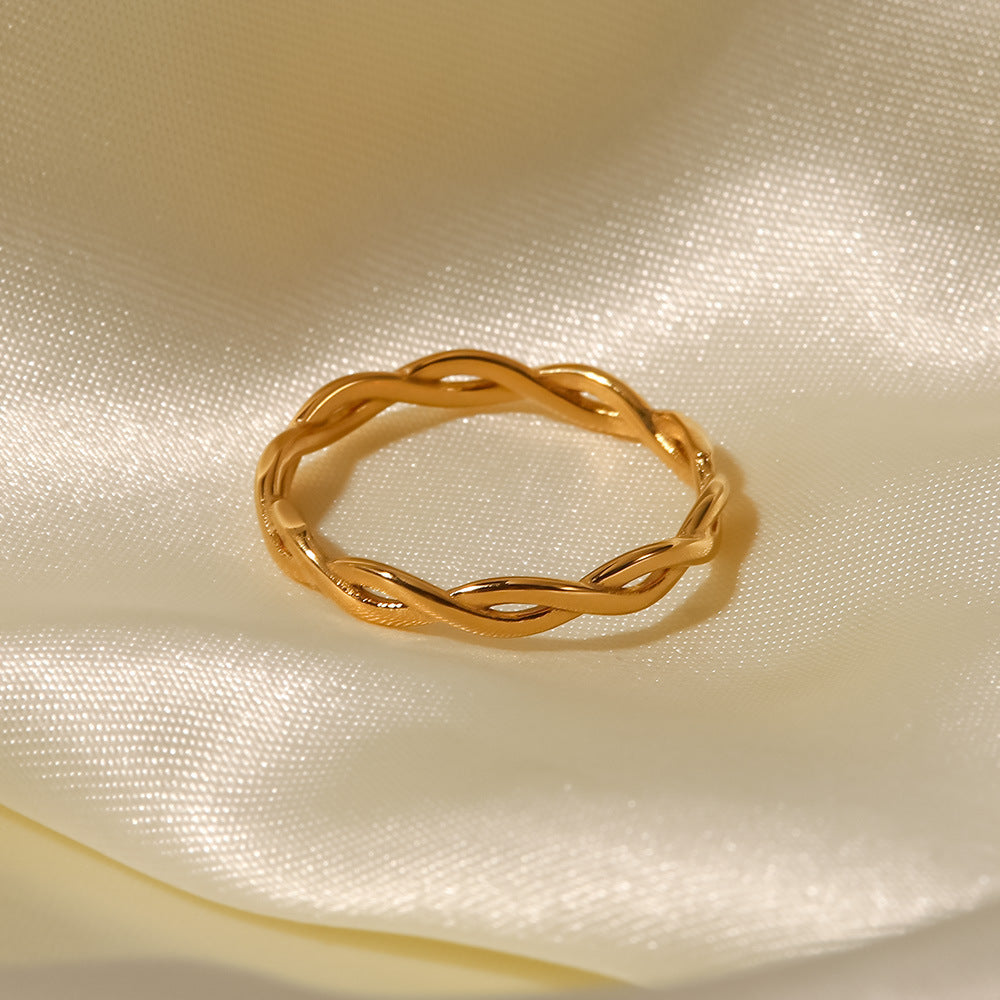 French Vintage 18K Gold Plated Stainless Steel Twisted Linear Geometric Hollow Stacking Ring for Women