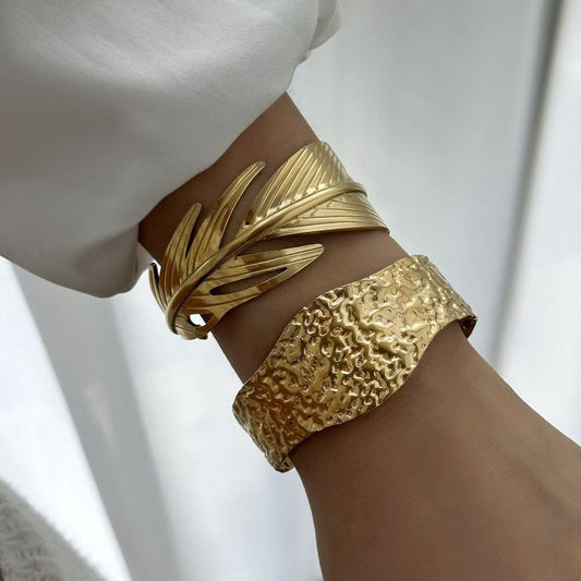 Fashion Geometric Textured Wave Pattern Plated Stainless Steel Wide Open Cuff Bracelet for Women