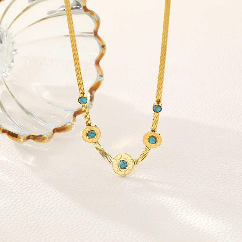 Bohemian Style Oval Turquoise Pendant Necklace for Women and Men in Titanium Steel with Plated Finish on Snake Chain