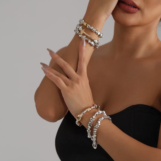 Geometric Heart Round Metal Resin Imitation Pearl Beaded Bracelet Plated