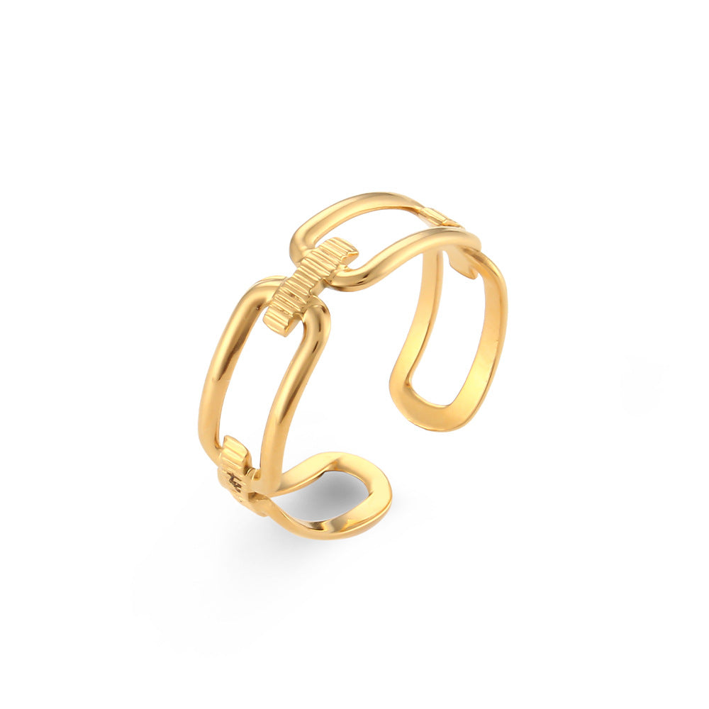 Vintage-Inspired Geometric Stainless Steel Ring with Gold Plating for Women