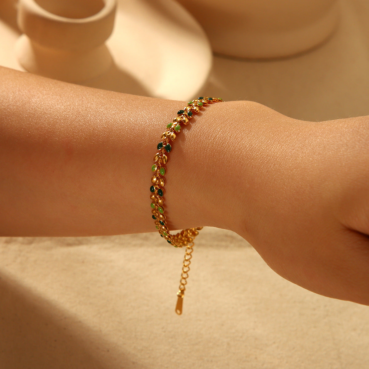Trendy Ins Style 18K Gold Plated Stainless Steel Olive Leaf Bracelet for Women