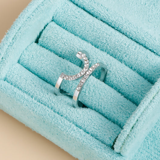 Anello aperto da donna di lusso geometrico con strass, finitura in metallo placcato e design a U