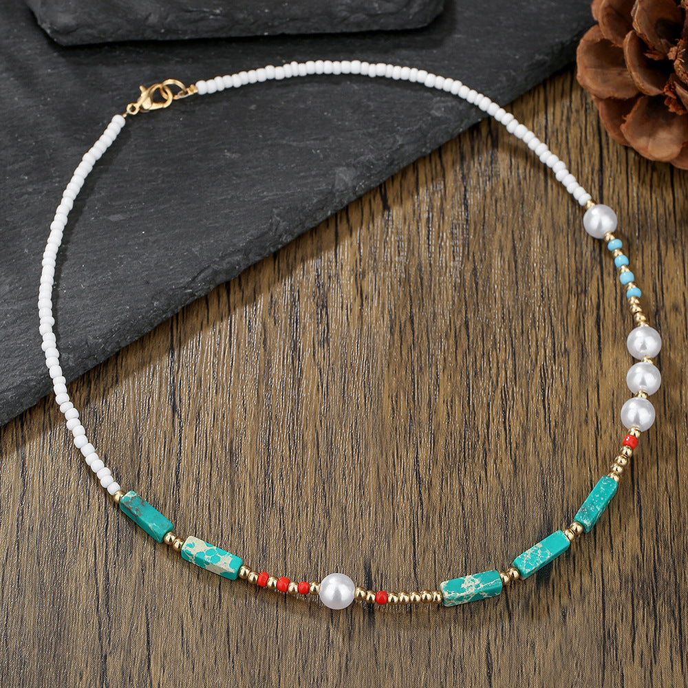 Bohemian Asymmetric Geometric Pearl Necklace with Turquoise Pendant