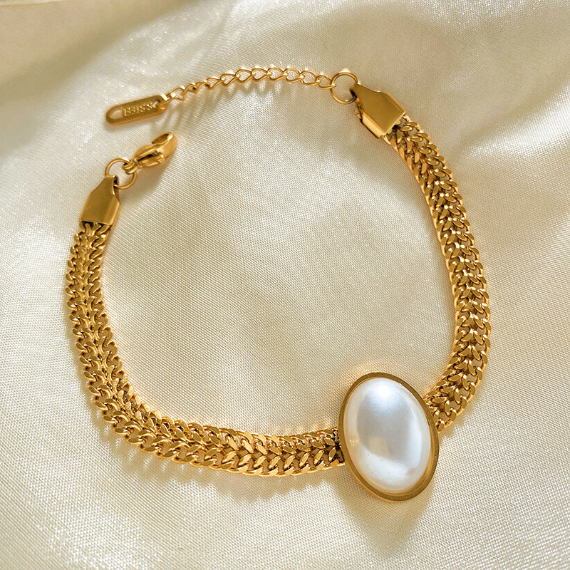 Plated Titanium Steel Curb Chain Bracelet with Pearl Inlay Unisex