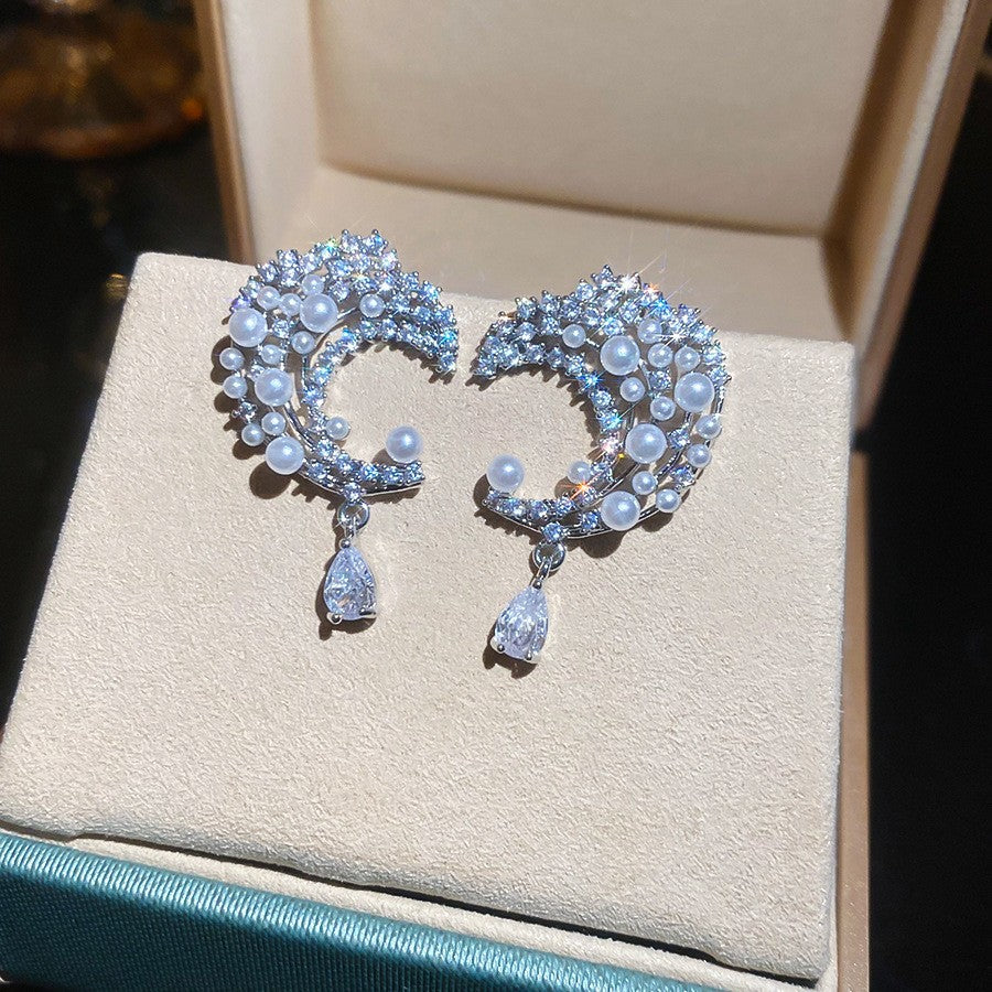 Pendientes de perlas geométricos para mujer con detalles de circonitas, postes de acero galvanizado, estilo retro lujoso y elegante para otoño e invierno