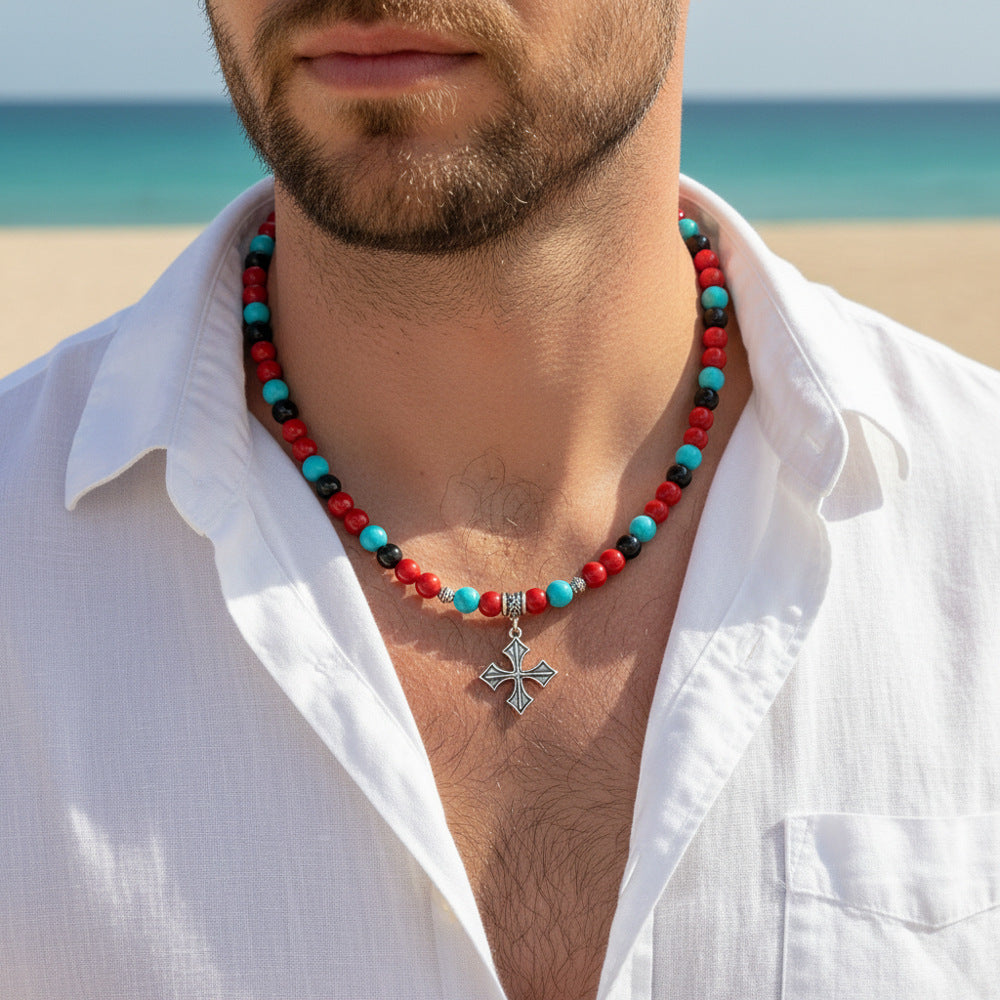 Bohemian Geometric Cross Agate Gemstone Glass Bead Ball Chain Necklace Unisex Handmade