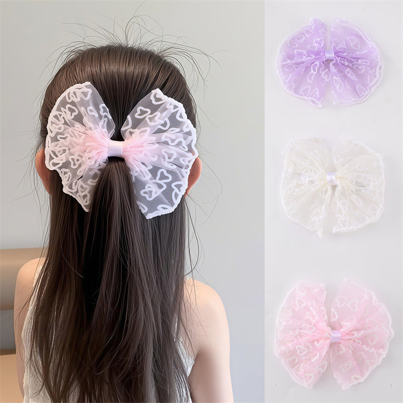 Natural Style Bow-Shaped Hair Clip for Kids Made of Plastic Resin with Ruffled Mesh and Spring-Loaded Duckbill Design